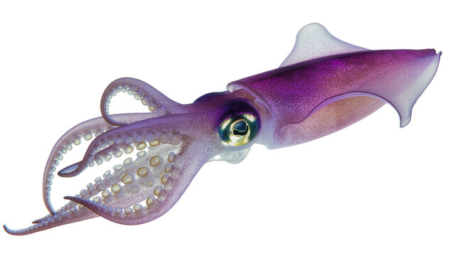 Vibrant purple squid with detailed tentacles, isolated on transparent background