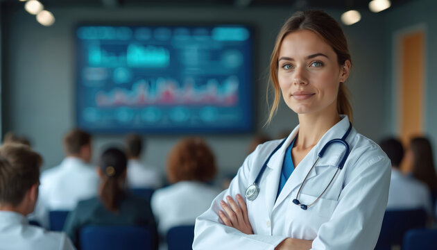 Woman doctor in lab coat with stethoscope stands with crossed arms. Medical staff listens to speaker at conference. Health care data displays on screen.
