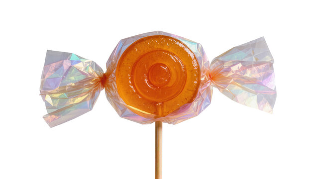 Orange swirl lollipop in iridescent wrapper, isolated on transparent background