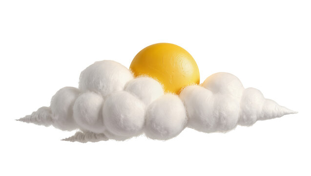 Fluffy white cotton ball clouds with a bright yellow sun, isolated on transparent background