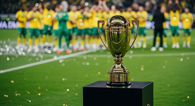 A gold trophy sits on a black pedestal with a soccer team in the background celebrating on a green field. Brazilian victory in the 2026 soccer world championship
