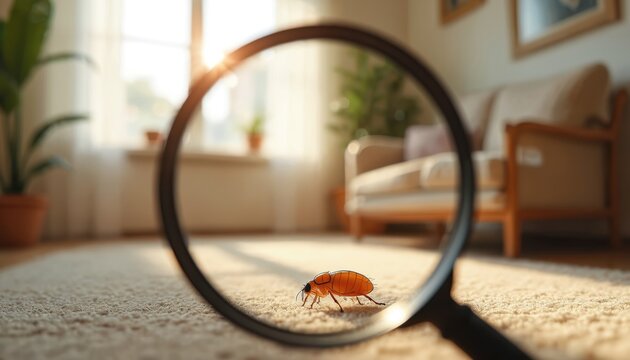 Orange insect craws on carpet. Magnifying glass shows detail of bug on floor. Living room interior with furniture in background. Sunlight streams through window.