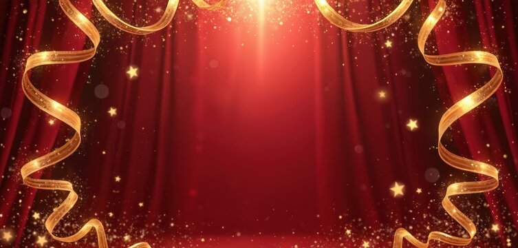 Red velvet curtains frame golden ribbons, scattered stars, creating festive, glamorous background for awards ceremonies. Spotlight shines from above, illuminating scene of celebration, success.