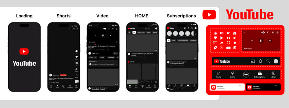 YouTube mobile app mockup vector smartphone screen interface design, UI template social media, video player layout, phone display illustration, user interface mobile design.
