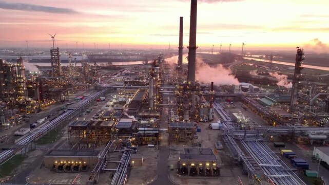 Aerial view of chemical plant at sunset. Drone shot. Billowing steam from smoke stack filling sky. Smoking chimneys from factory. Chimneys of big oil refinery at sunrise polluting environment. Night