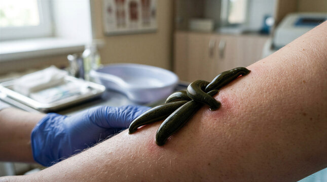 Medical professional applying leeches on a patient's arm in clinic  