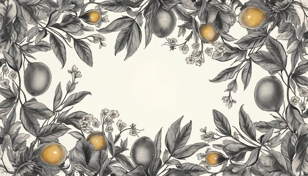 Monochrome botanical illustration of citrus leaves branches with fruits and blossoms. Retro design with vintage look for decor background or texture. Fine art style.