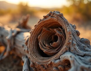 Naklejka na ściany i meble Close up textured wood grain with swirling patterns. Dry dead tree trunk fragment rests on blurred desert sand background. Rustic natural organic material.