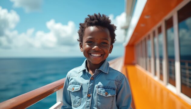 Young African boy smiles on cruise ship deck. Ocean horizon behind him under blue sky with clouds. Child enjoys sea voyage vacation trip with family.