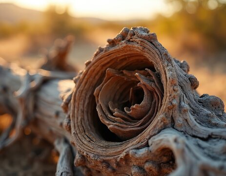 Close up textured wood grain with swirling patterns. Dry dead tree trunk fragment rests on blurred desert sand background. Rustic natural organic material.