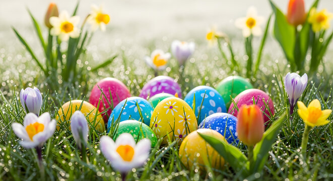 Happy Easter - Nest with easter eggs in grass on a sunny spring day - Easter decoration background
