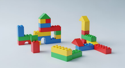 Obraz premium Colorful toy building blocks creating abstract constructions on white backdrop creative kids playtime childhood development educational toys