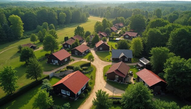 Aerial view of suburban houses nestled among green trees and fields. Residential community with red-roofed cottages surrounded by nature and open space.