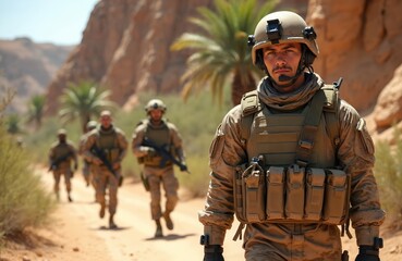 Obraz premium Soldiers in combat gear patrol dusty desert terrain. Military team marches on mission through arid landscape with sparse vegetation. Men wear tactical equipment and carry rifles.