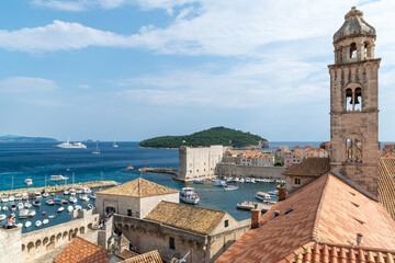 Scenic skyline of Dubrovnik with island and Adriatic Sea, popular European coastal destination in Croatia