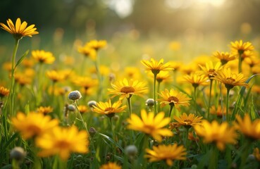 Fototapeta premium Field of bright yellow daisies bathed in warm sunlight. Delicate petals unfurl in a meadow creating a vibrant natural scene. Green grass surrounds blooming flowers with soft bokeh background.