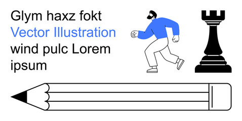 Creativity, strategy, human movement, artistic design, chess concepts, decision-making. a pencil, chess rook and a person walking. Concepts of creativity and strategy illustrated © robu_s