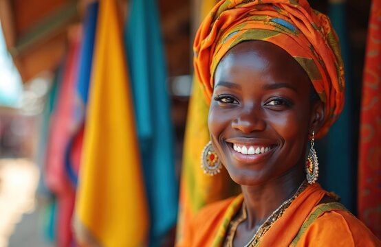 Smiling African woman wears orange headwrap and dress. She has large earrings and looks happy. Colorful fabrics hang in background. She is outdoors in a market.