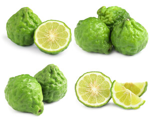 Fototapeta premium Fresh bergamot fruits isolated on white, set. Whole and sliced
