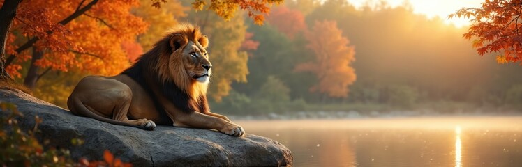 Obraz premium Majestic lion rests on large rock near calm lake during sunset. Autumn trees with orange, red leaves surround scene. Mist rises from water surface creating serene atmosphere. Wild animal in natural