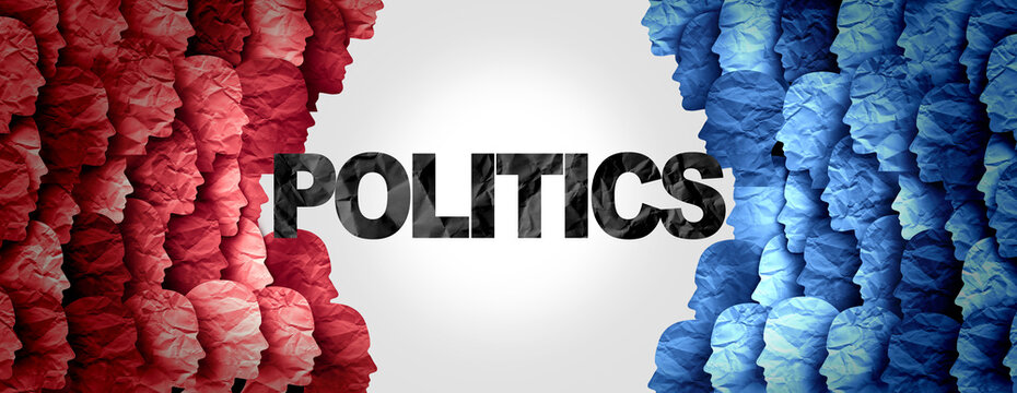Concept of politics and the tribal nature of political division as left and right wing government philosophy as different social and economic direction divided during an election campaign as two group