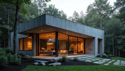 Obraz premium Modern concrete house with large glass walls sits in forest. Interior lights warmly illuminate living spaces, creating cozy retreat. Exterior features stone path leading to welcoming entrance,
