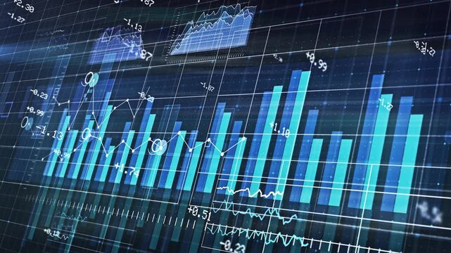A video showcasing a futuristic graph with blue bars and grid lines on a dark background