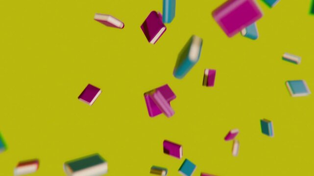3d books floating down from above, on a solid colour background