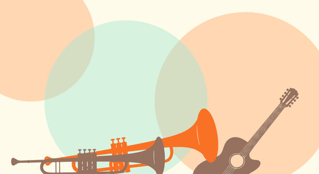 Jazz Trumpets and Acoustic Guitar Gracefully Displayed with Soft Overlapping Pastel Geometric Shapes