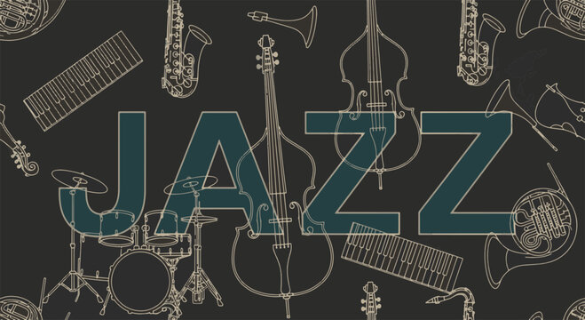 Jazz Music Concept with Outlined Musical Instruments Including Saxophones Drums and Bass on a Dark Backdrop