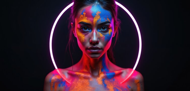 Young woman with colorful face paint and neon light circle. Female model sports vibrant body art, abstract makeup for clubbing or party events. She has blue pink orange colors.