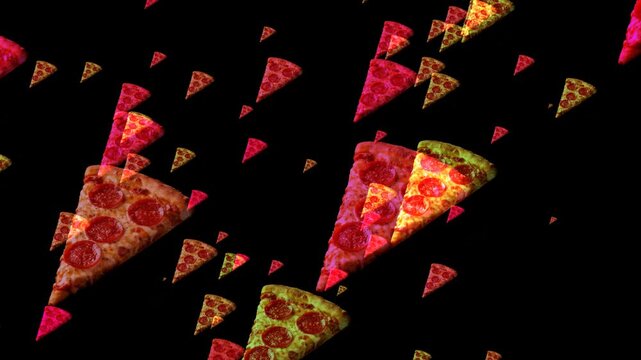 Pepperoni Pizza Slices Falling Pattern on Black Background