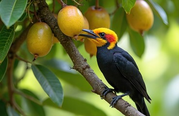 Fototapeta premium Yellow-fronted woodpecker bird eats fruit from embauba tree branch. Black body red yellow head colorful bird grips branch with talons in natural habitat.