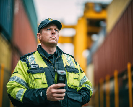 Supply Chain Disruption, security guard in high visibility jacket holding scanner at shipping container yard supply chain disruption