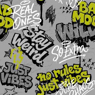 Abstract seamless chaotic pattern with graffiti words. Grey Grunge texture background. Fashion urban  style Wallpaper