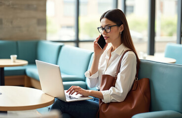 Fototapeta premium Young woman talks on phone while typing on laptop in cafe. She wears glasses and carries a large brown bag. Female works remotely at a comfortable table.
