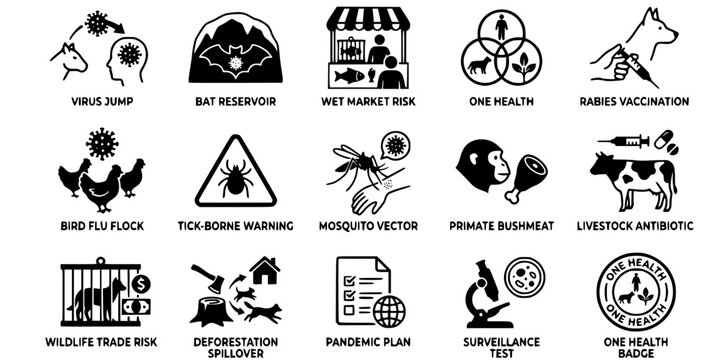 15 Black and White Zoonotic Disease One Health Vector Icons Flat Line Art
