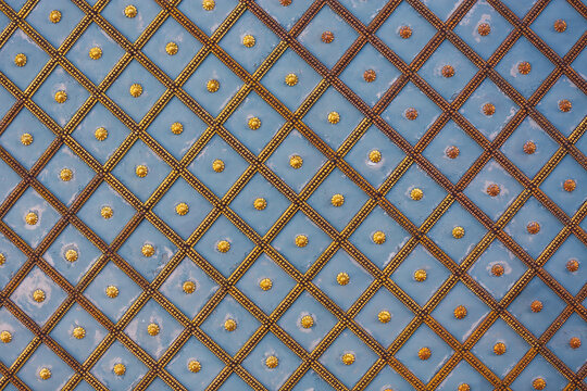 Ornate Blue Metal Door Pattern With Gold Studs &mdash; Decorative Architectural Panel Texture Background from Ottoman imperialism