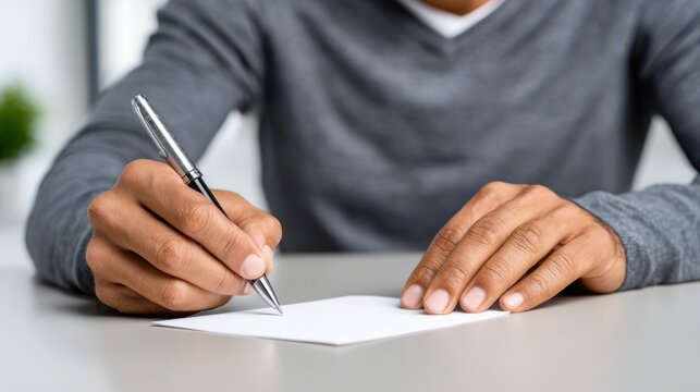Male individual with dark skin writing on a blank sheet of paper using a silver pen, seated at a light-colored table with a blurred background of indoor plants