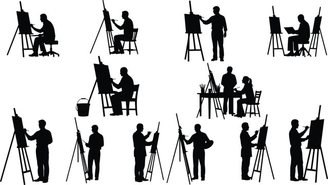 Artist silhouettes painting on easel set creative people drawing studio activity black isolated illustration for art education and design use