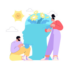 Obraz premium People Watering Flowers in Head-Shaped Plant Pot Vector