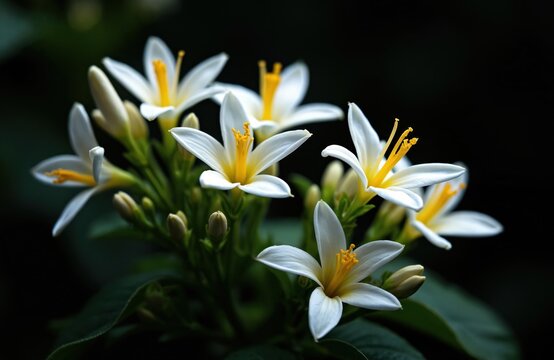 Group of white cestrum nocturnum flowers bloom with yellow centers. Fragrant night blooming plant has many small buds. Dark background emphasizes delicate petals and green leaves.