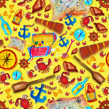 Watercolor seamless pirate pattern with treasure map, compass, crabs and sea elements.