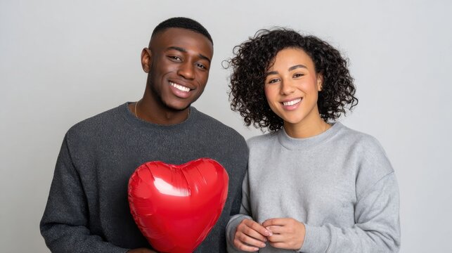 Young couple smiling while holding a red heart-shaped balloon in a light gray studio setting, showcasing affection and connection between them
