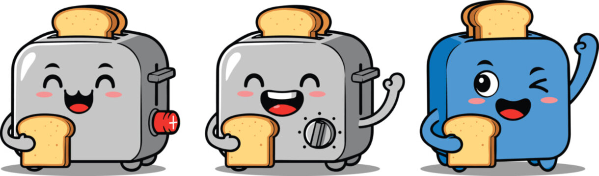Cute cartoon toaster characters with smiling faces holding bread slices, funny kitchen appliance mascots, colorful vector illustration isolated on white background