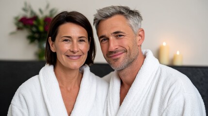 Fototapeta premium Middle-aged couple in white bathrobes smiling at the camera, surrounded by candles and flowers, celebrating their 20th anniversary in a cozy indoor setting