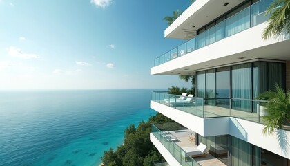 Fototapeta premium Modern white building with balconies overlooks blue ocean, green trees. Sunny clear sky, calm sea water, tropical plants grow near clean beach. Luxury apartments feature glass railings, spacious