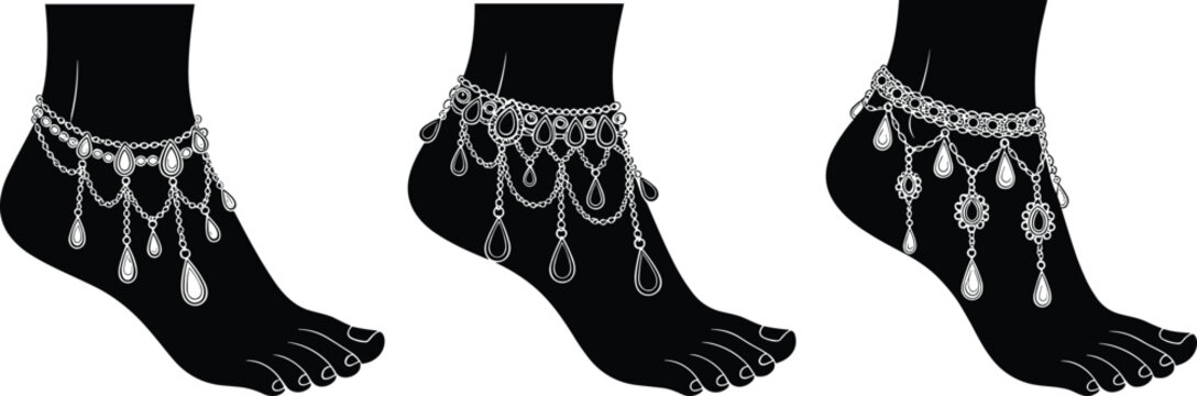 Elegant anklet jewelry on female foot silhouette set in black and white, traditional ethnic accessory isolated for fashion and design use