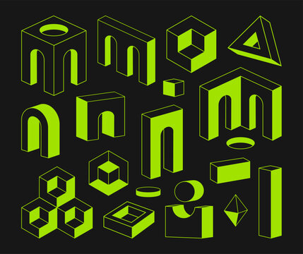 Isometric geometric shapes. Abstract game blocks, puzzle or logic game elements, constructor details 3d vector illustration set. Colorful surreal shapes