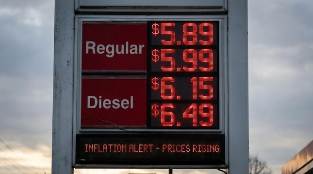 Gas Station Price Sign Showing Rising Fuel Costs and Inflation Alert